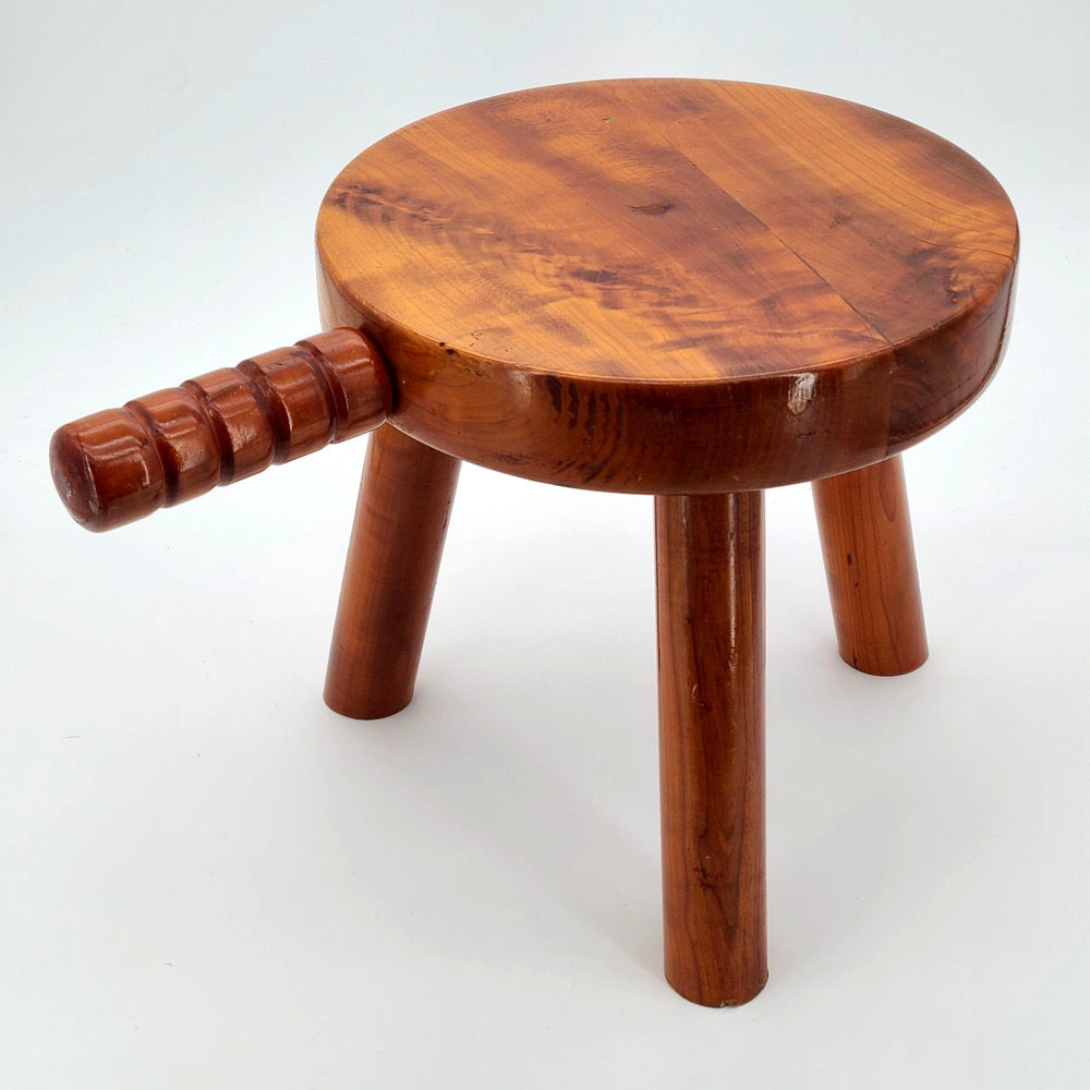 Vintage 3 Legged Wood Milking Stool Hardwood with Handle Farmhouse Decor